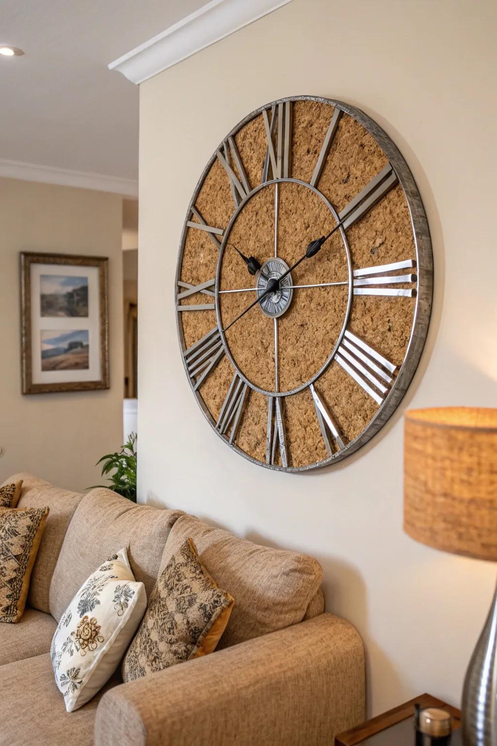 Mix materials with a cork and metallic clock.