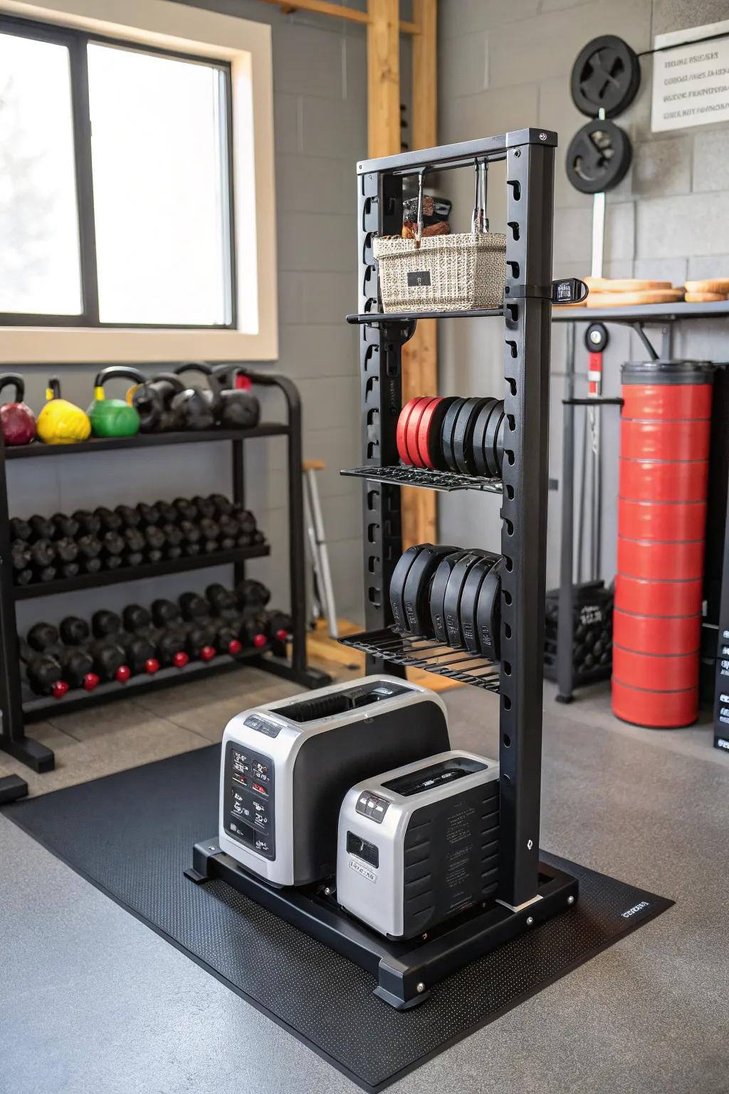 A toaster rack provides easy access to weight plates.