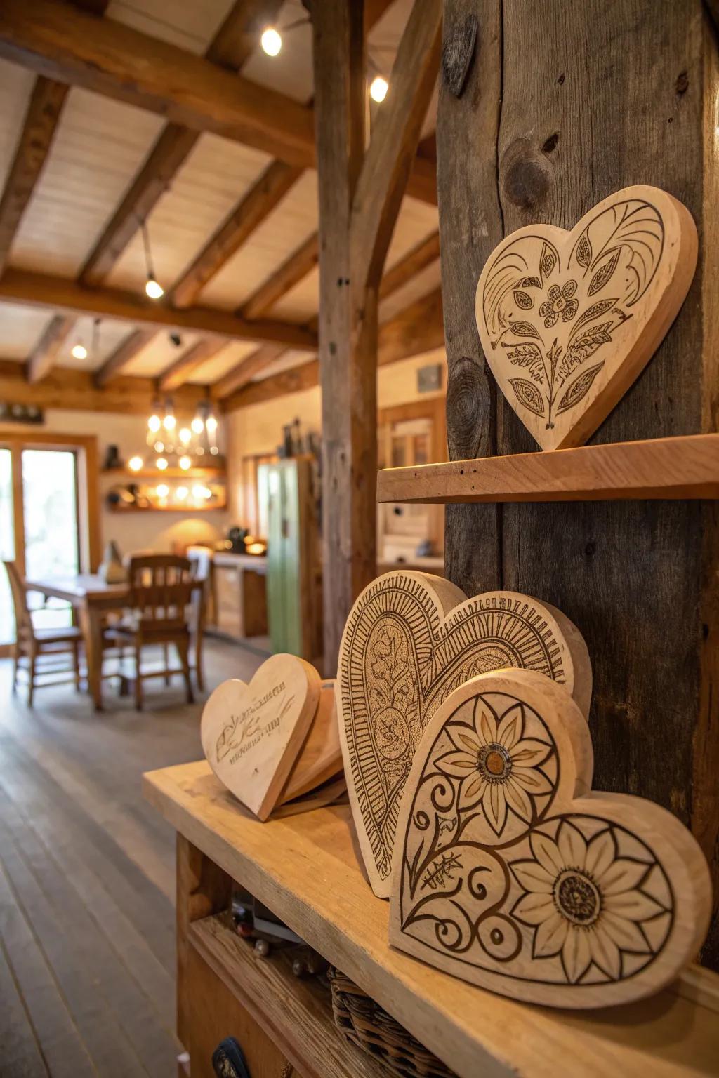 Wood burned designs showcase intricate craftsmanship.