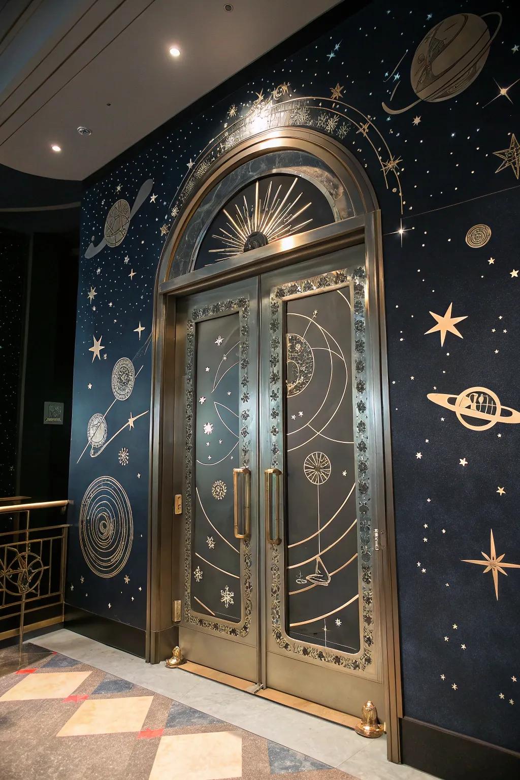 A stellar cosmic journey themed door.