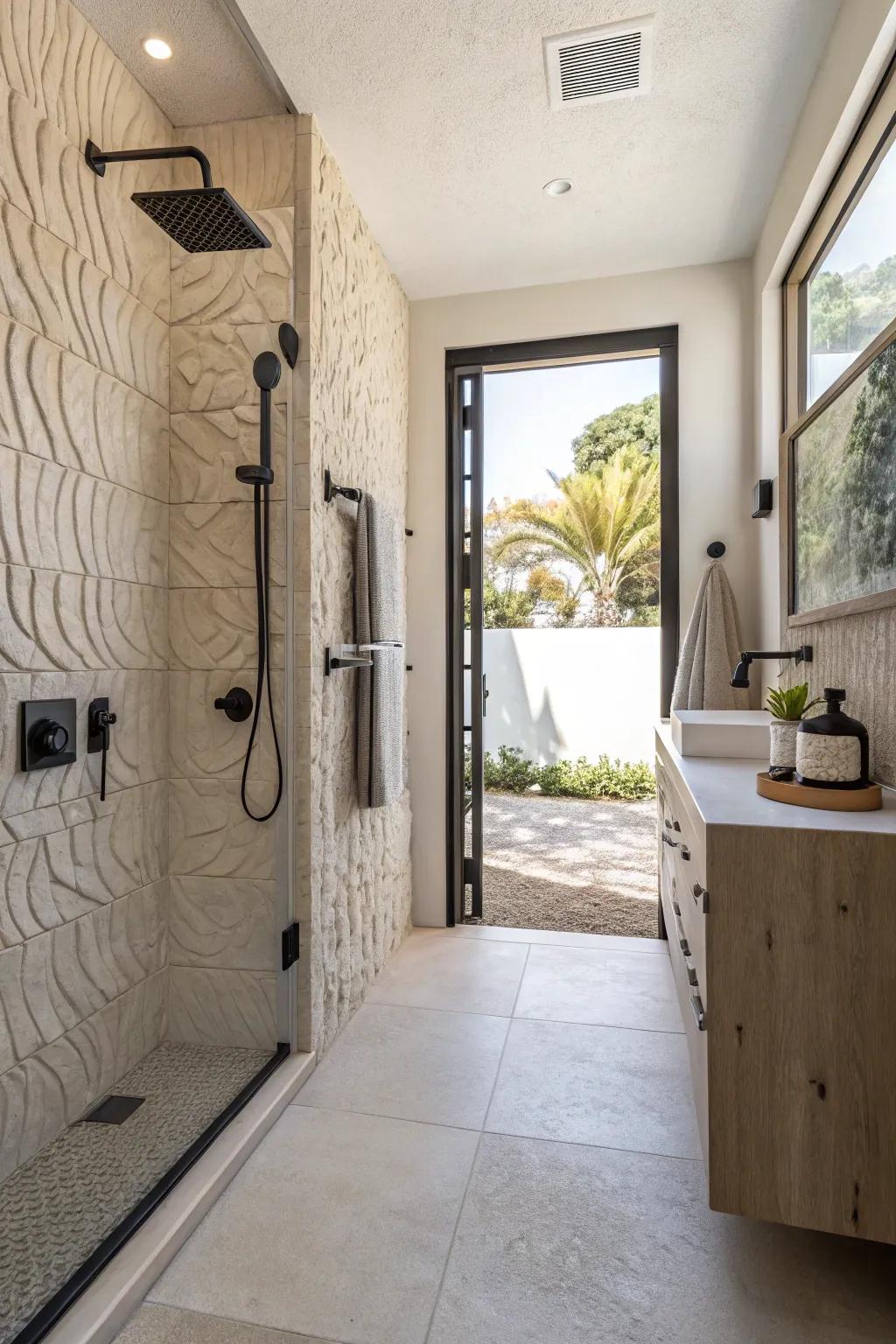 Textured wall finishes add depth and interest to this doorless walk-in shower.