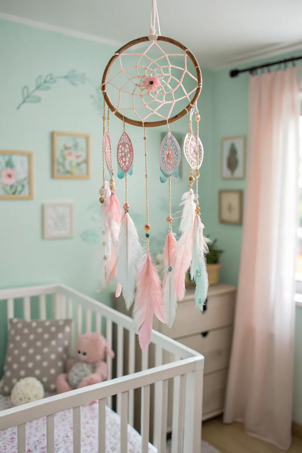 Delight little ones with a gentle and whimsical dream catcher mobile.