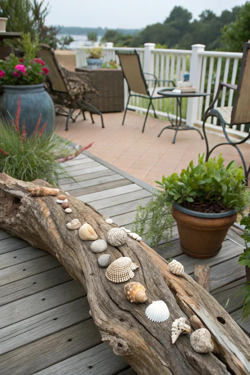 Beach-inspired driftwood and shell planter, bringing the ocean to a patio.