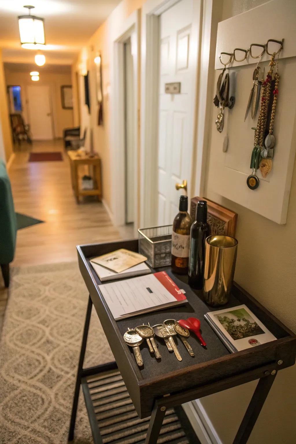 A compact drink table offering style and function in a hallway.