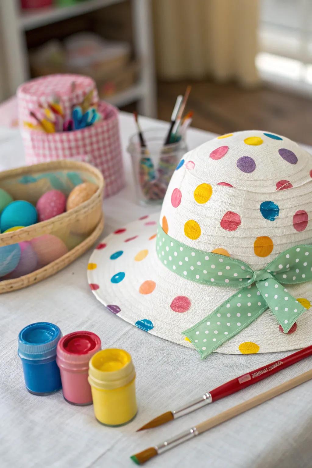 A playful polka dot Easter bonnet that's full of fun.