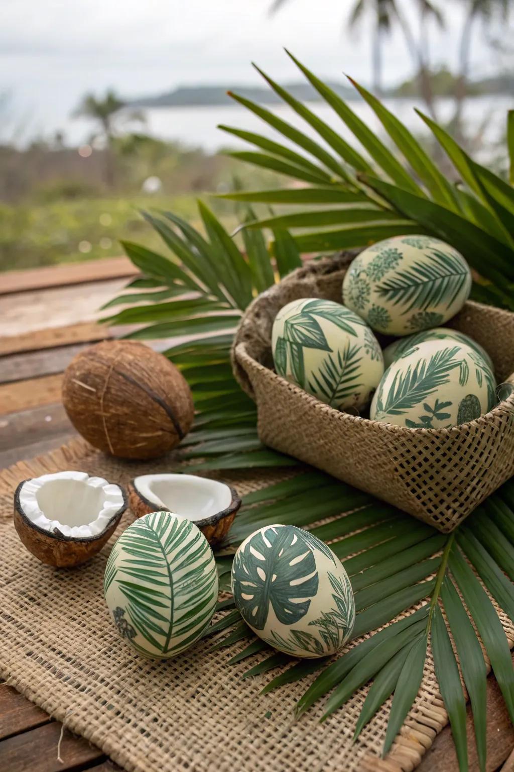 Tropical leaf eggs add an exotic touch to your Easter decor.