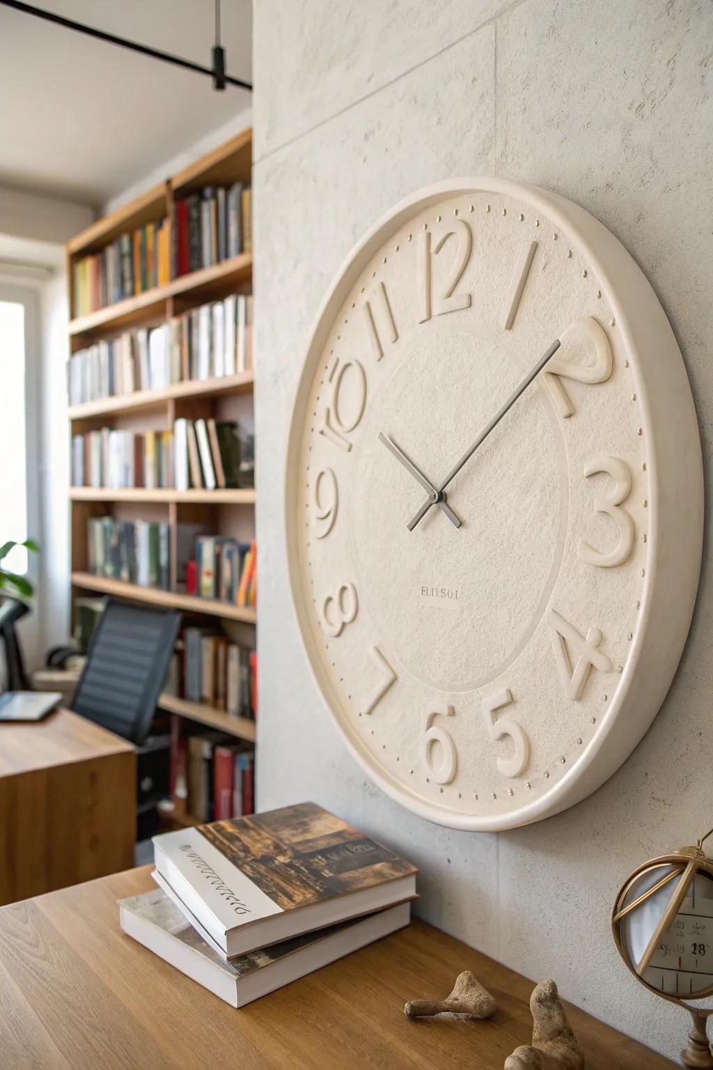 Plaster clock faces blend functionality with art.