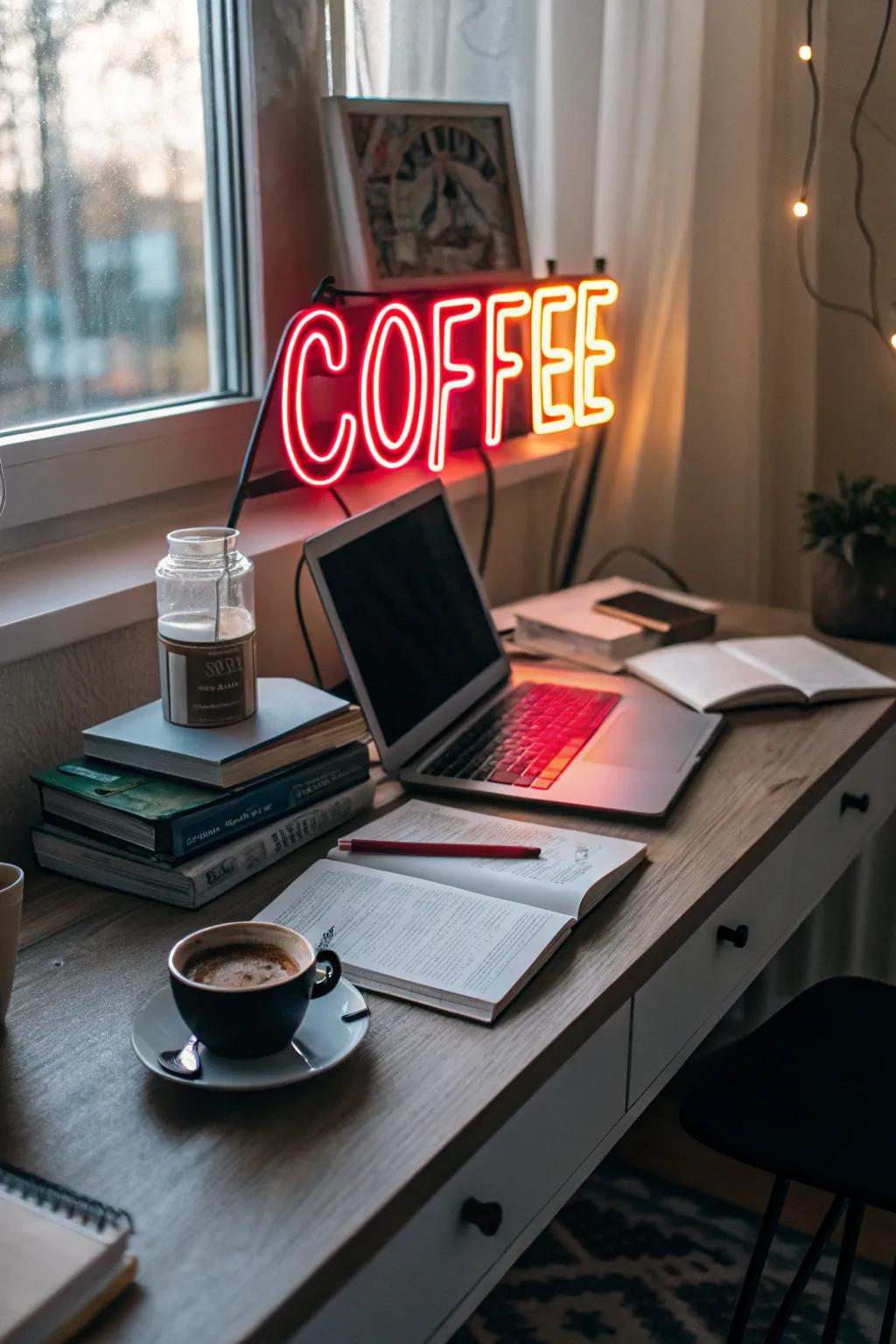 Neon accents bring a modern twist and energy to this eclectic office.