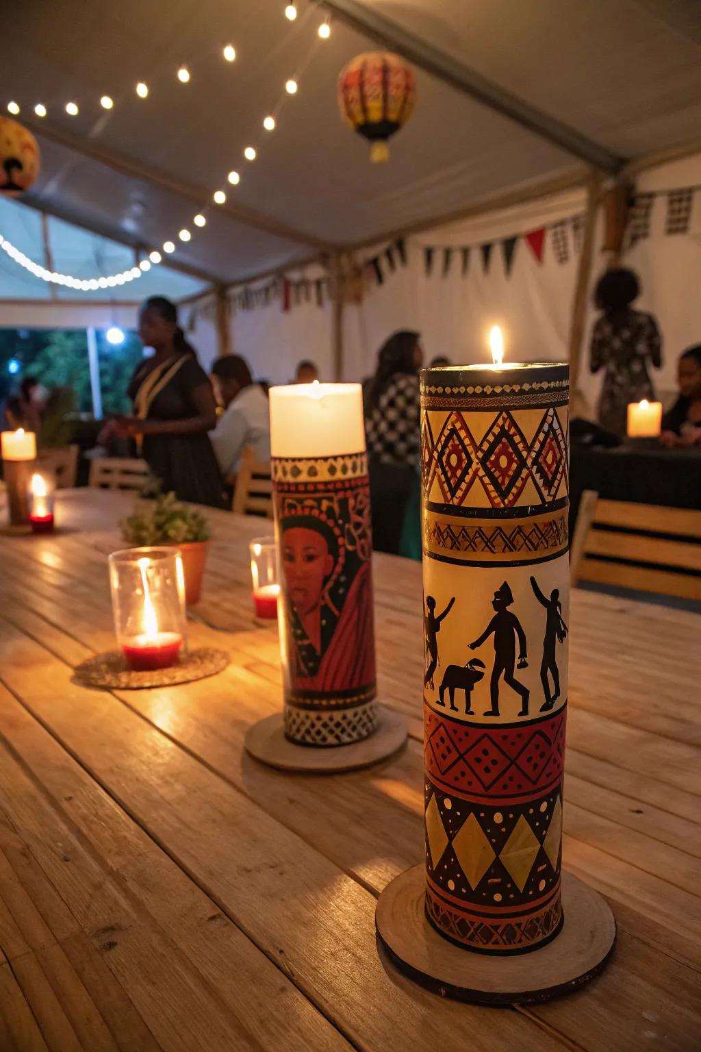 African-inspired candle holders add warmth and visual appeal.