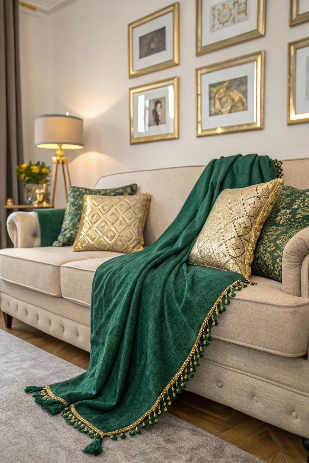 A stylish sofa featuring an emerald green throw with gold accents in the room.