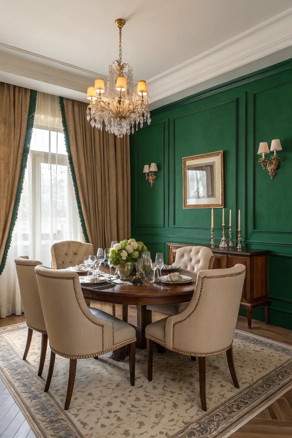 Emerald green and beige create a soothing and balanced dining space.