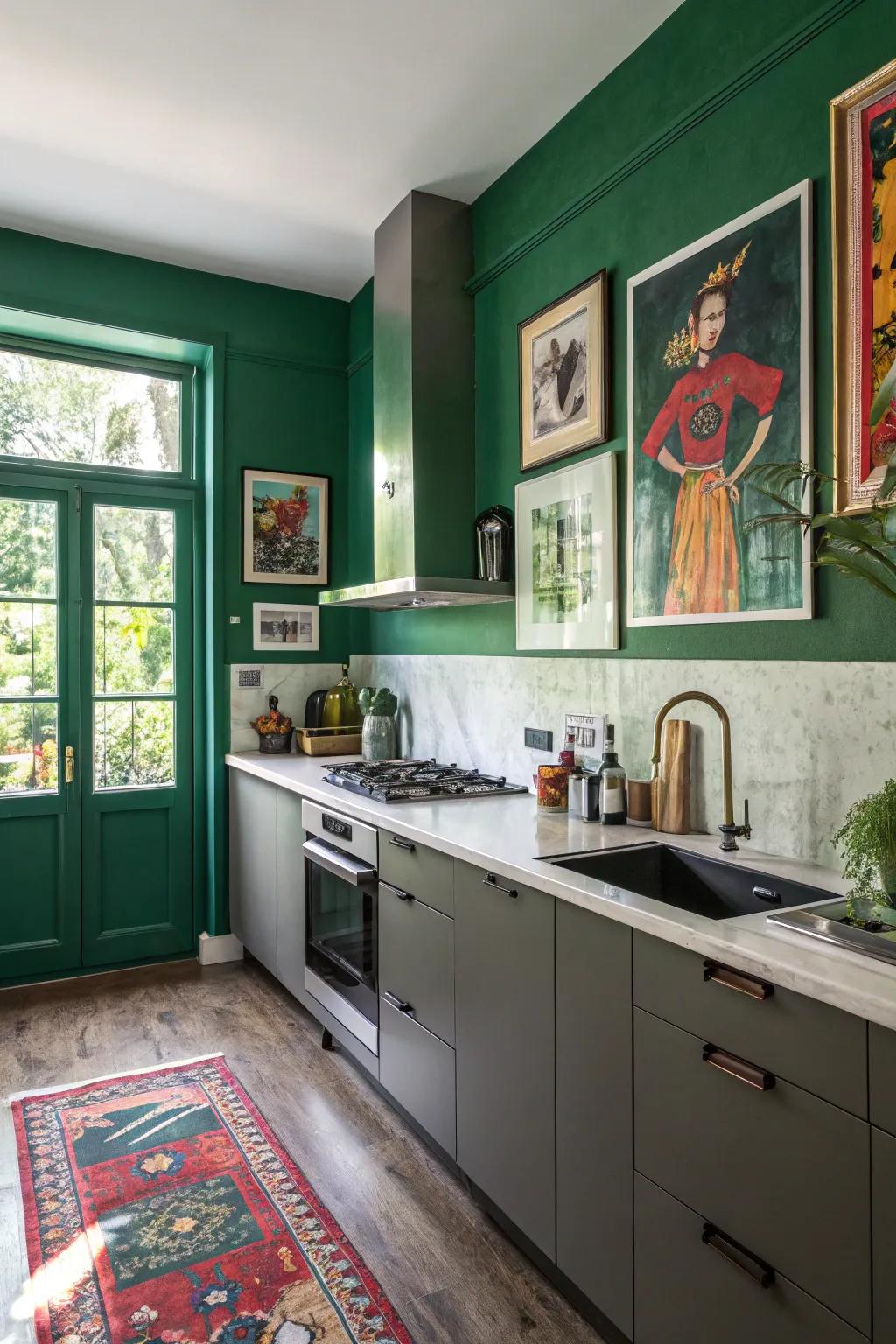 A kitchen with bold artwork displayed against rich emerald green walls.