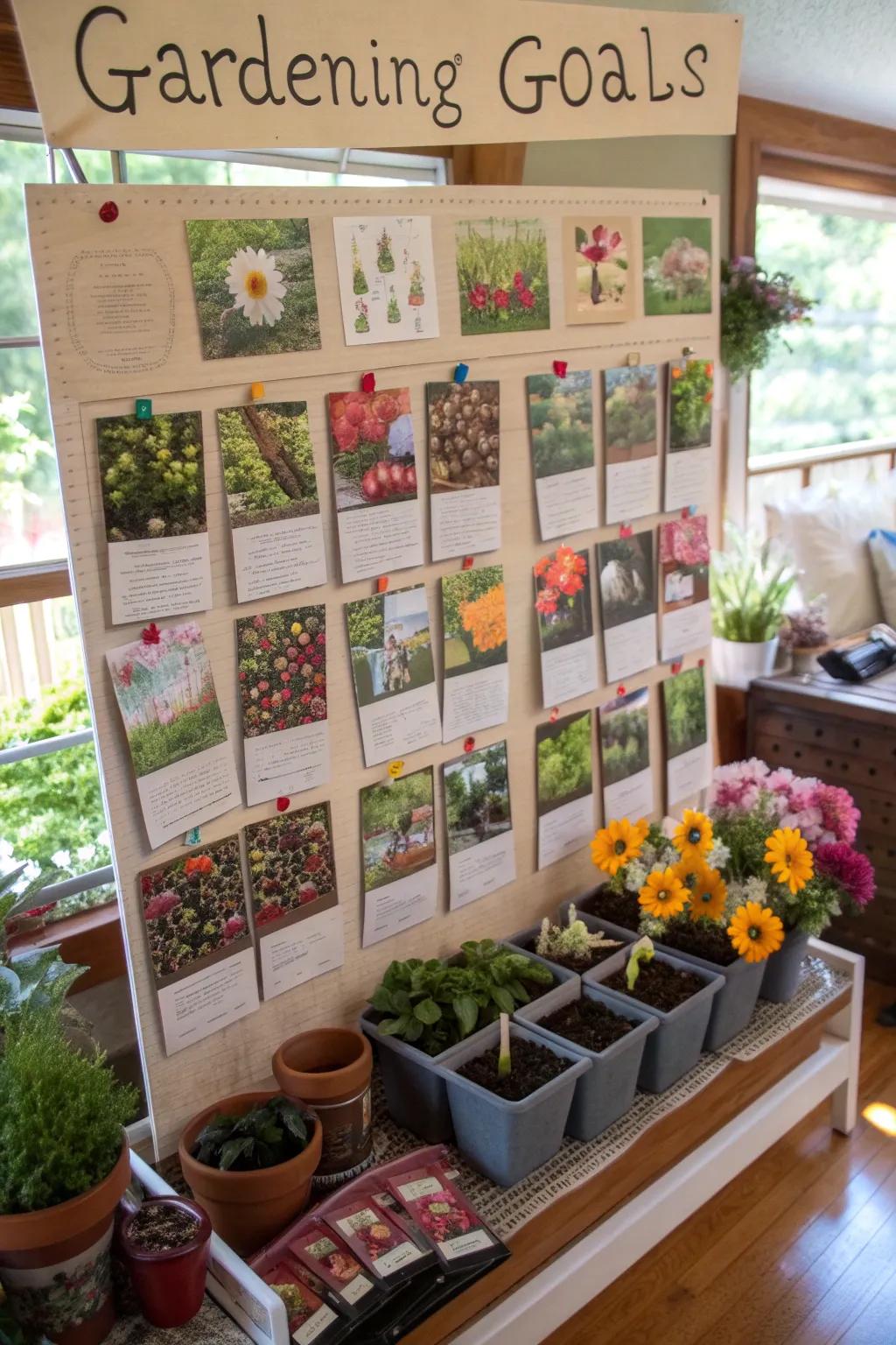 A gardening goals board featuring plant photos and layout plans.