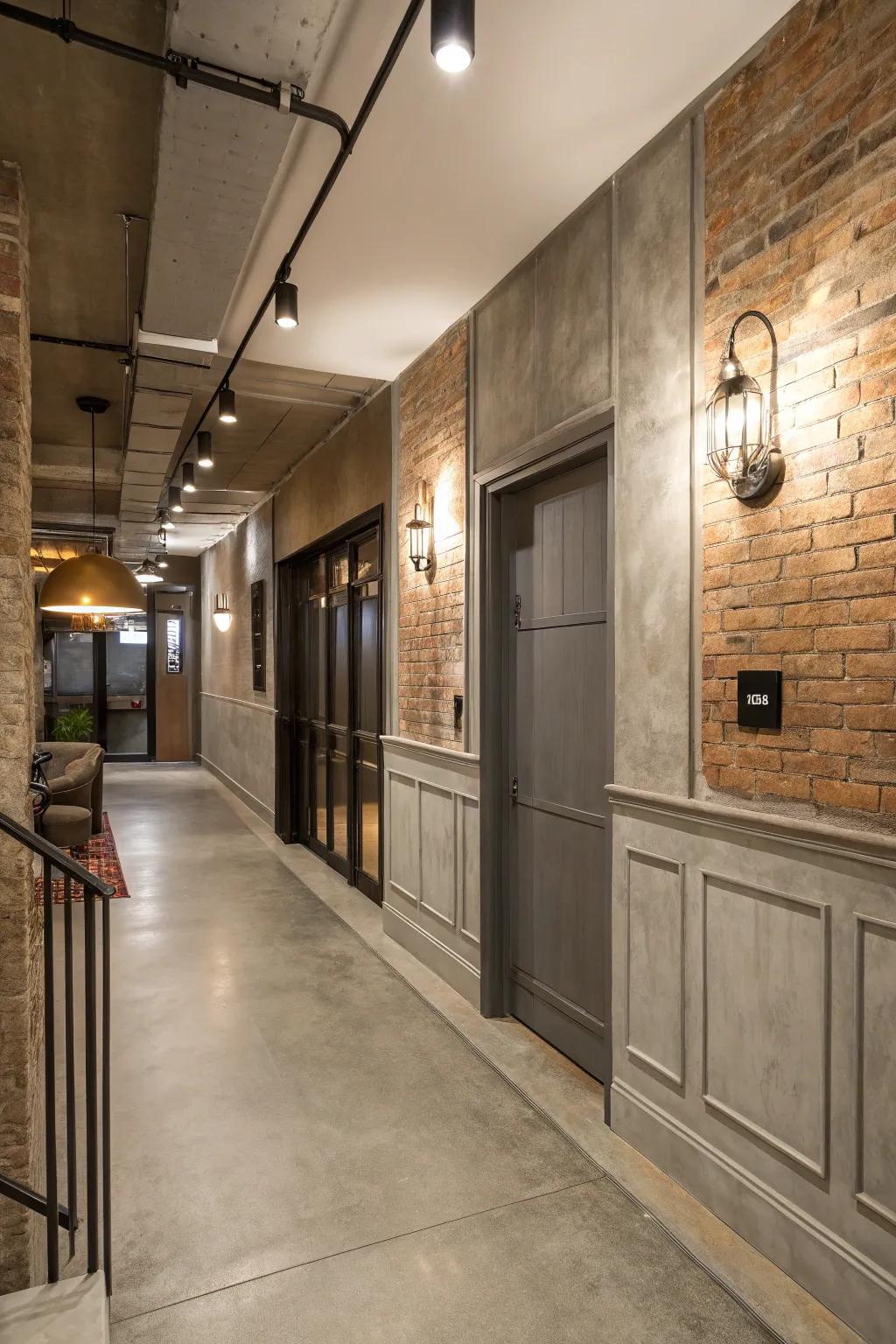 Concrete-effect wainscoting provides a sleek industrial aesthetic.