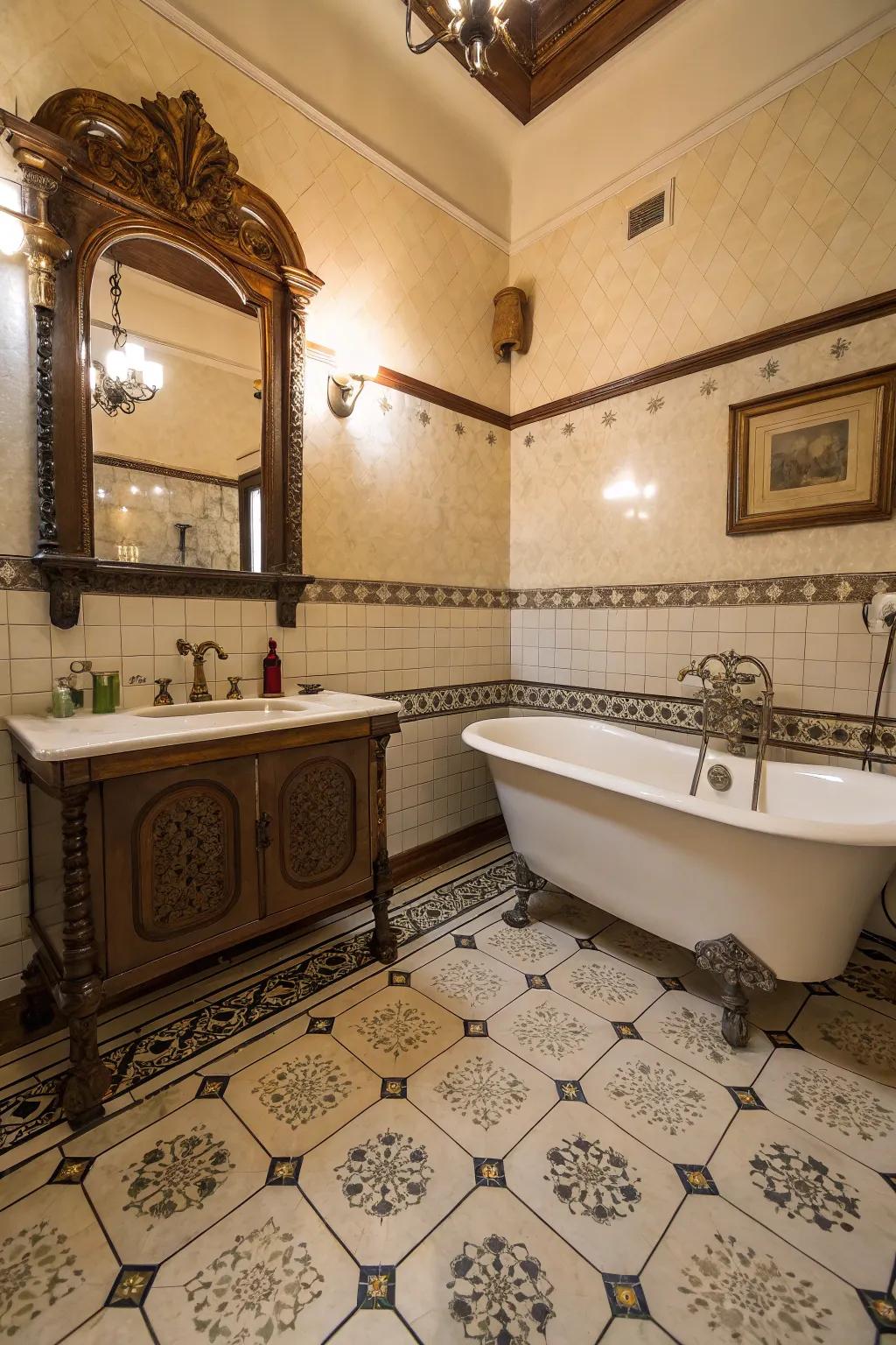 Patterned epoxy floor reimagining vintage tile aesthetics in the bathroom.