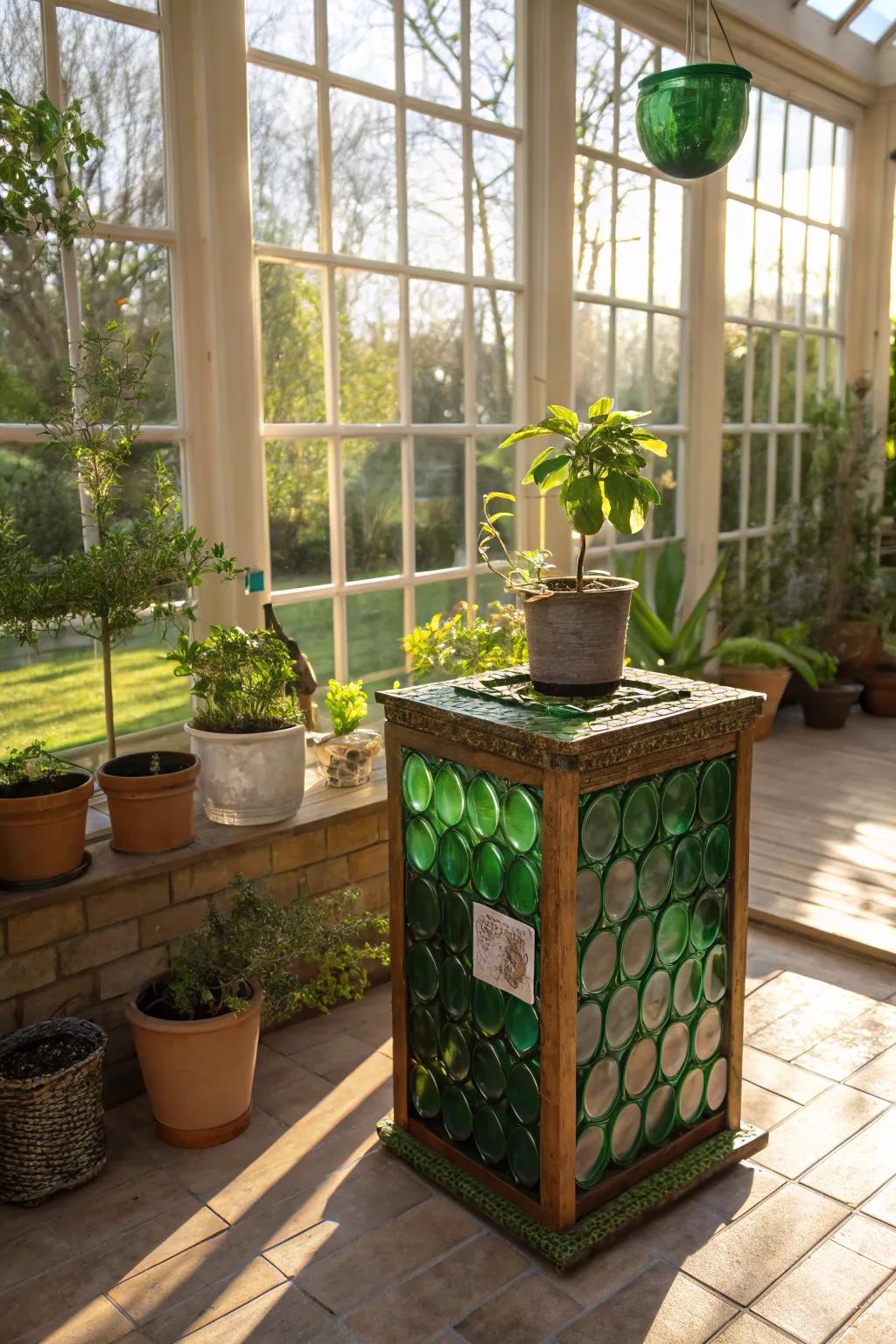 An eco-friendly glass suggestion box in a bright garden room.