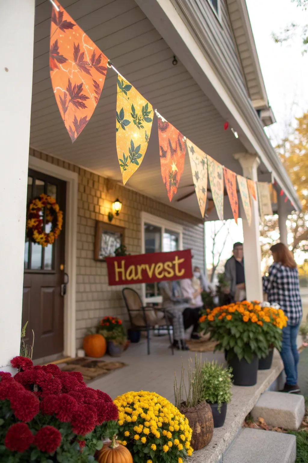 A harvest banner adds festive charm to a fall entrance.