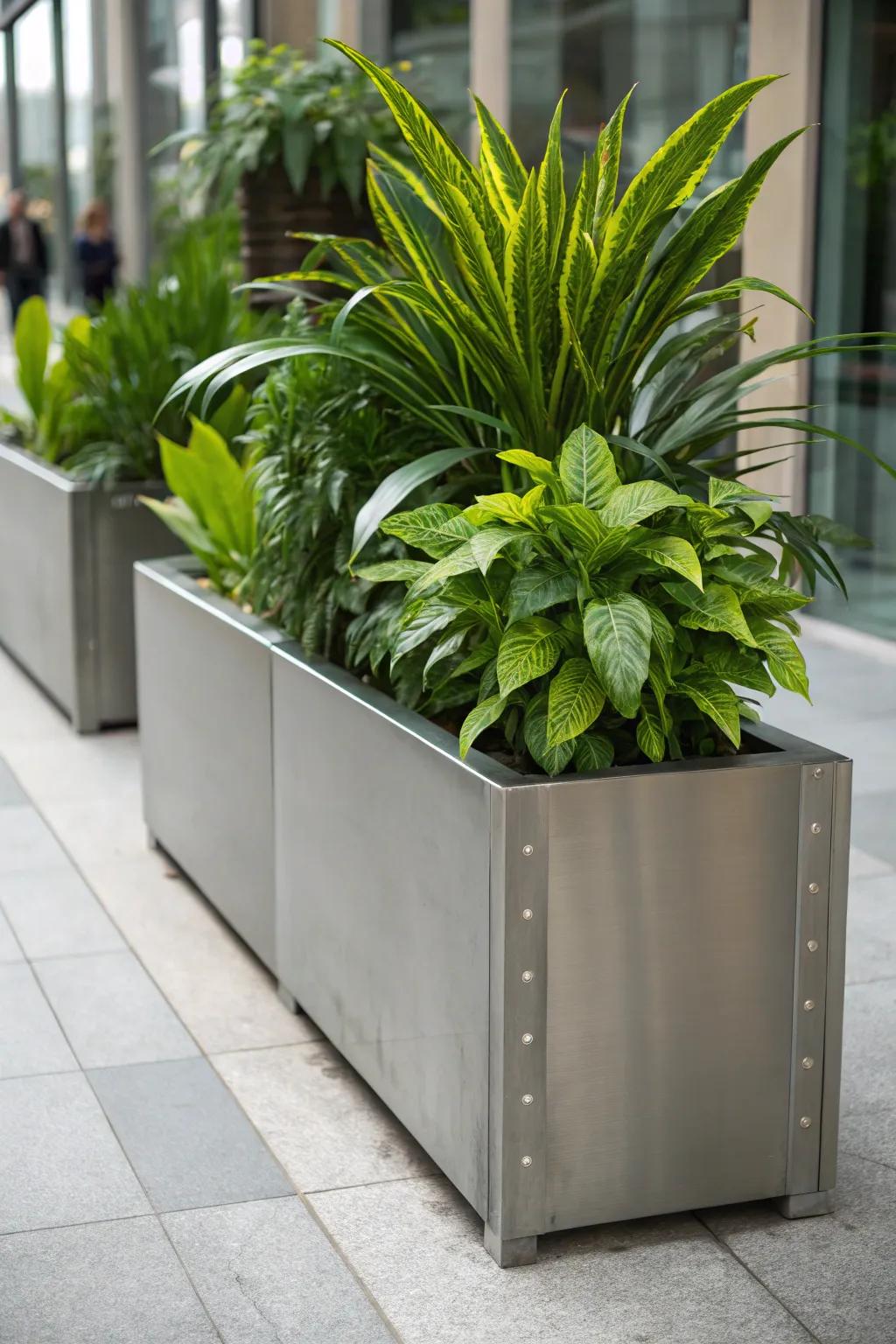 Industrial chic planters offer a contemporary twist to fall decor.