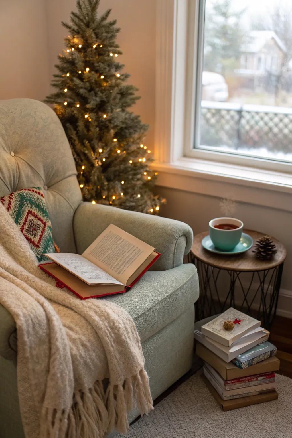 Inviting Christmas reading nook with cozy elements.