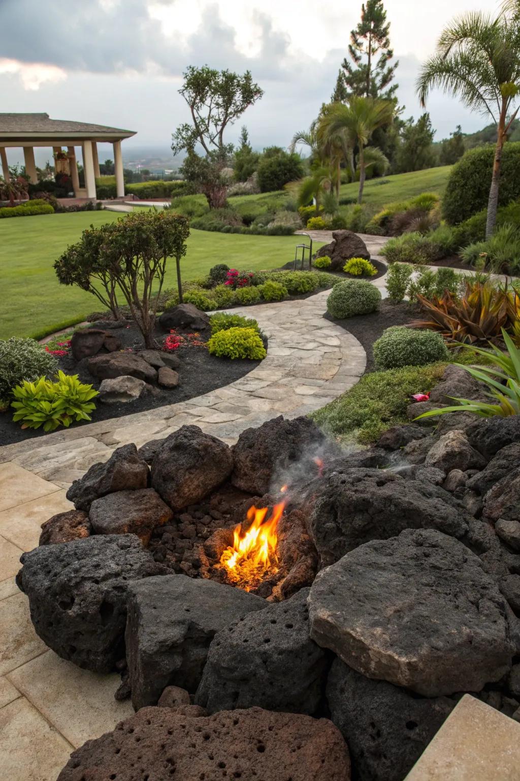 Lava rocks add a dramatic and bold touch to your fire pit area.