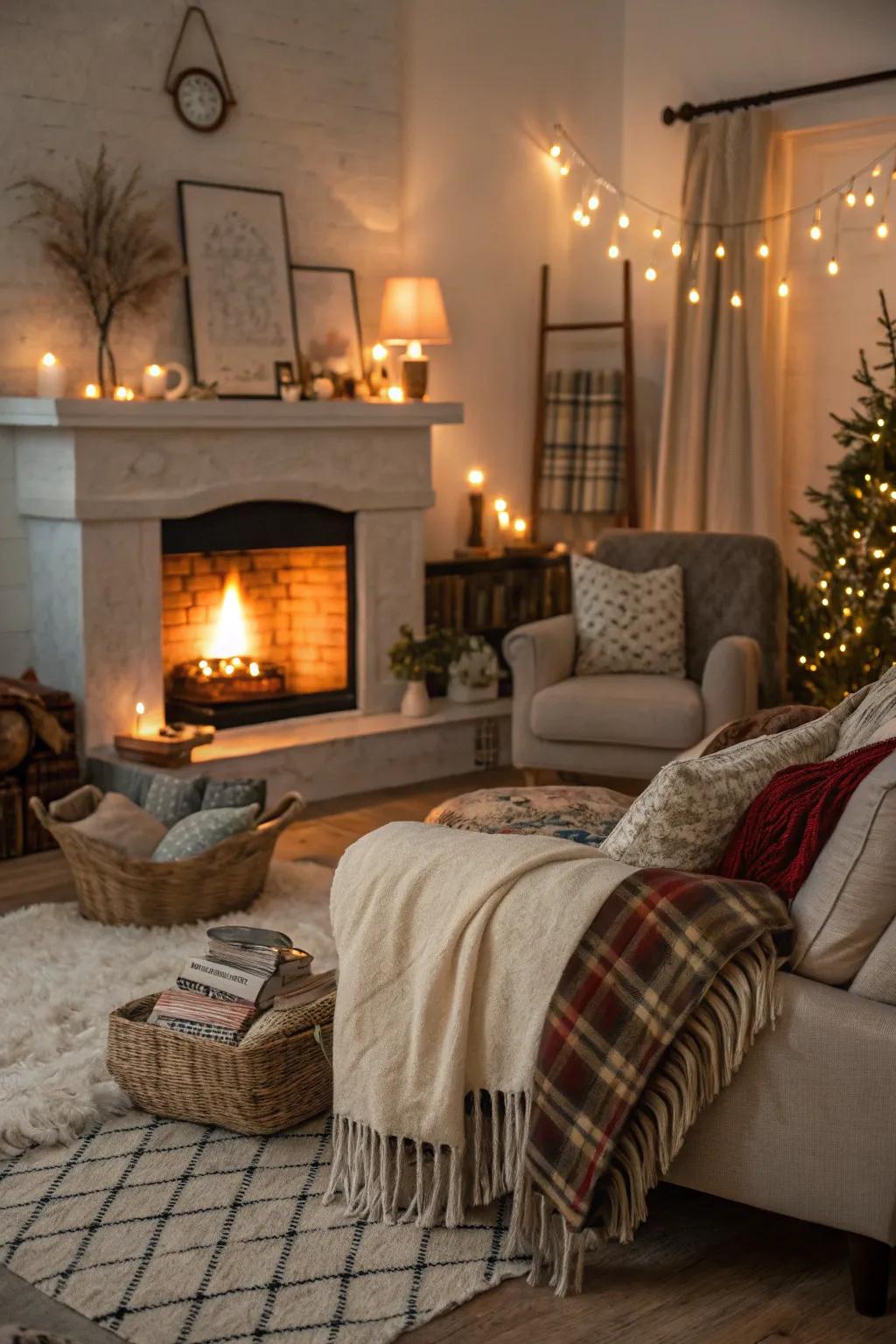 Soft textiles creating a warm and inviting atmosphere around the fireplace.