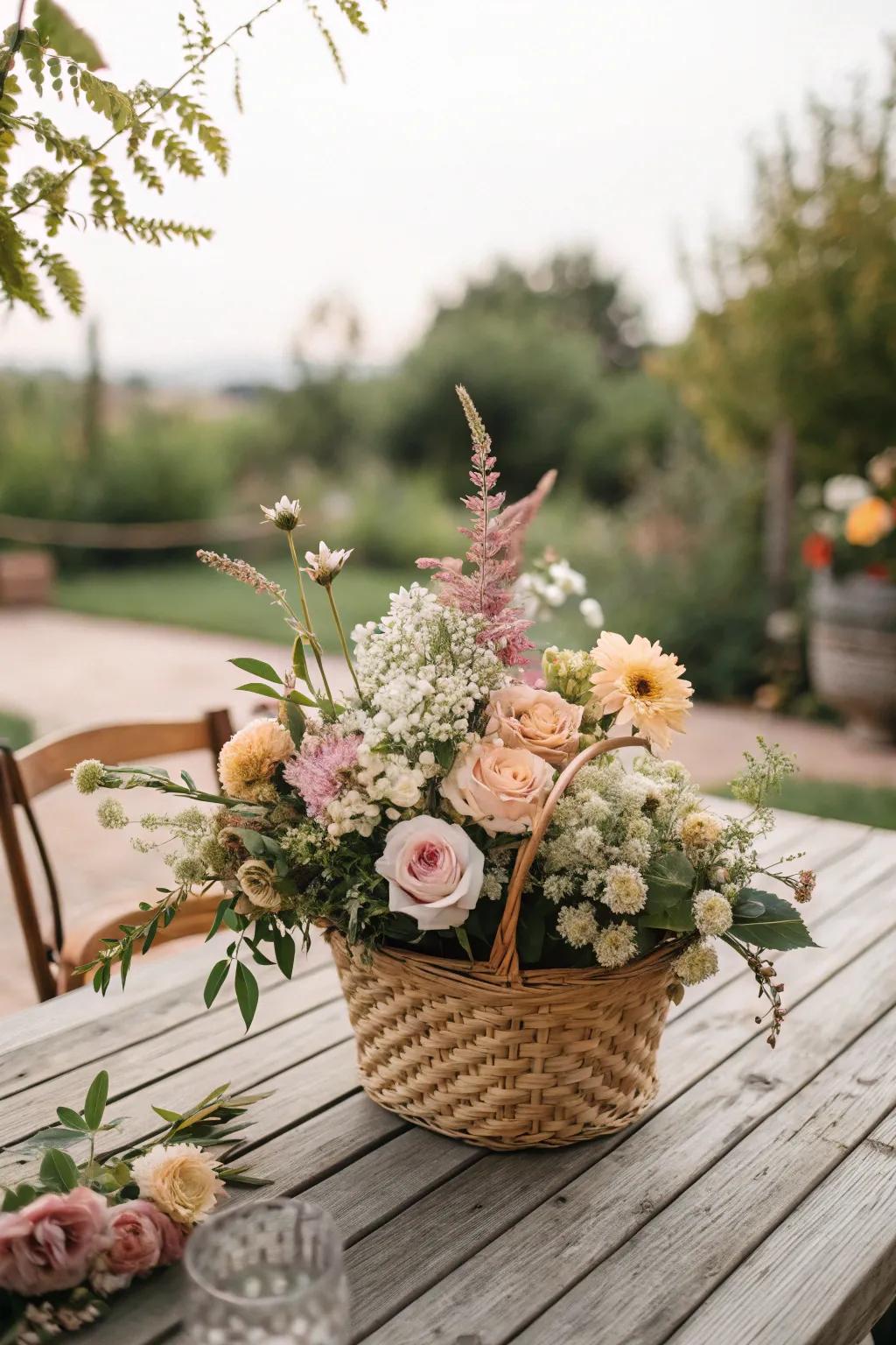 Garden-inspired floral arrangement in a rustic basket.