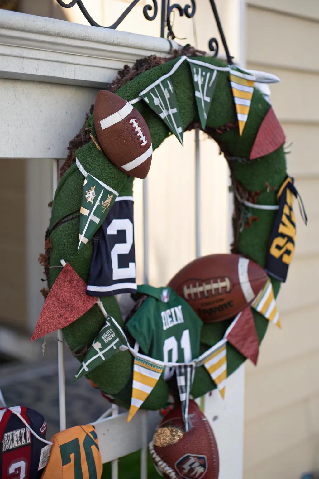 Eco-friendly materials create a sustainable and stylish football wreath.