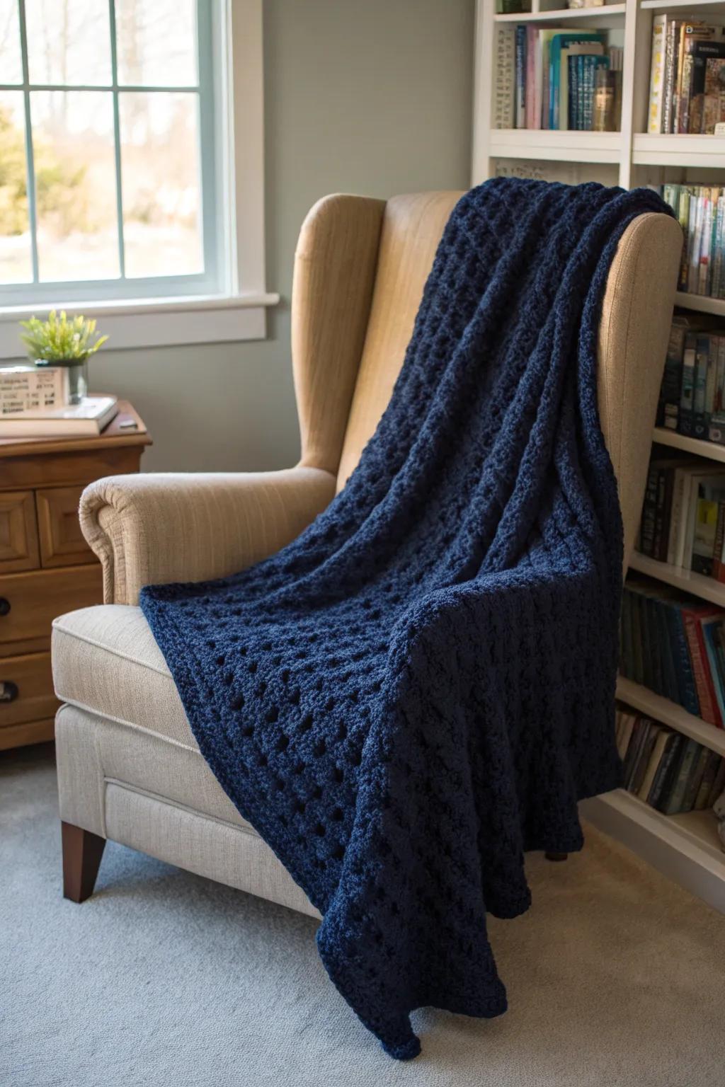 A shell stitch blanket adding elegance to a cozy corner.