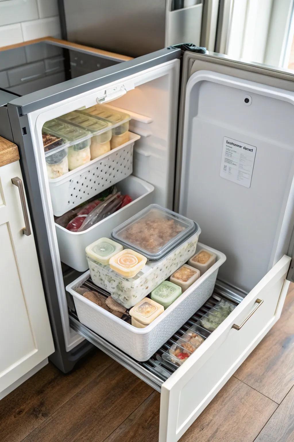 A leftovers bin keeps meals organized and reduces waste.