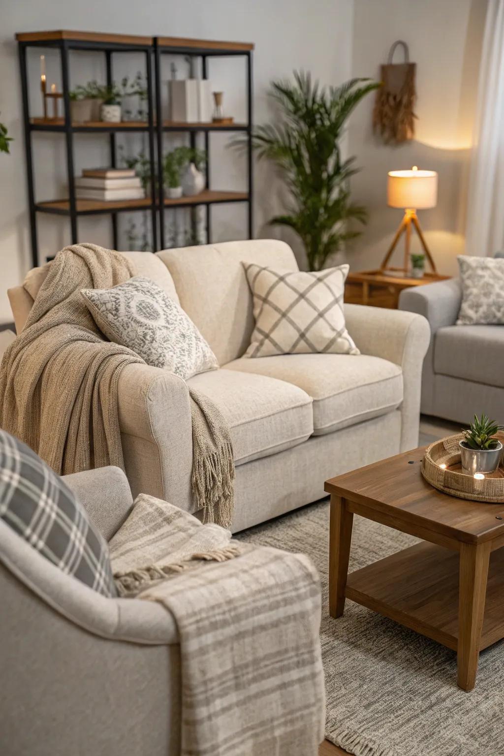 Neutral upholstery provides a versatile base for decor.