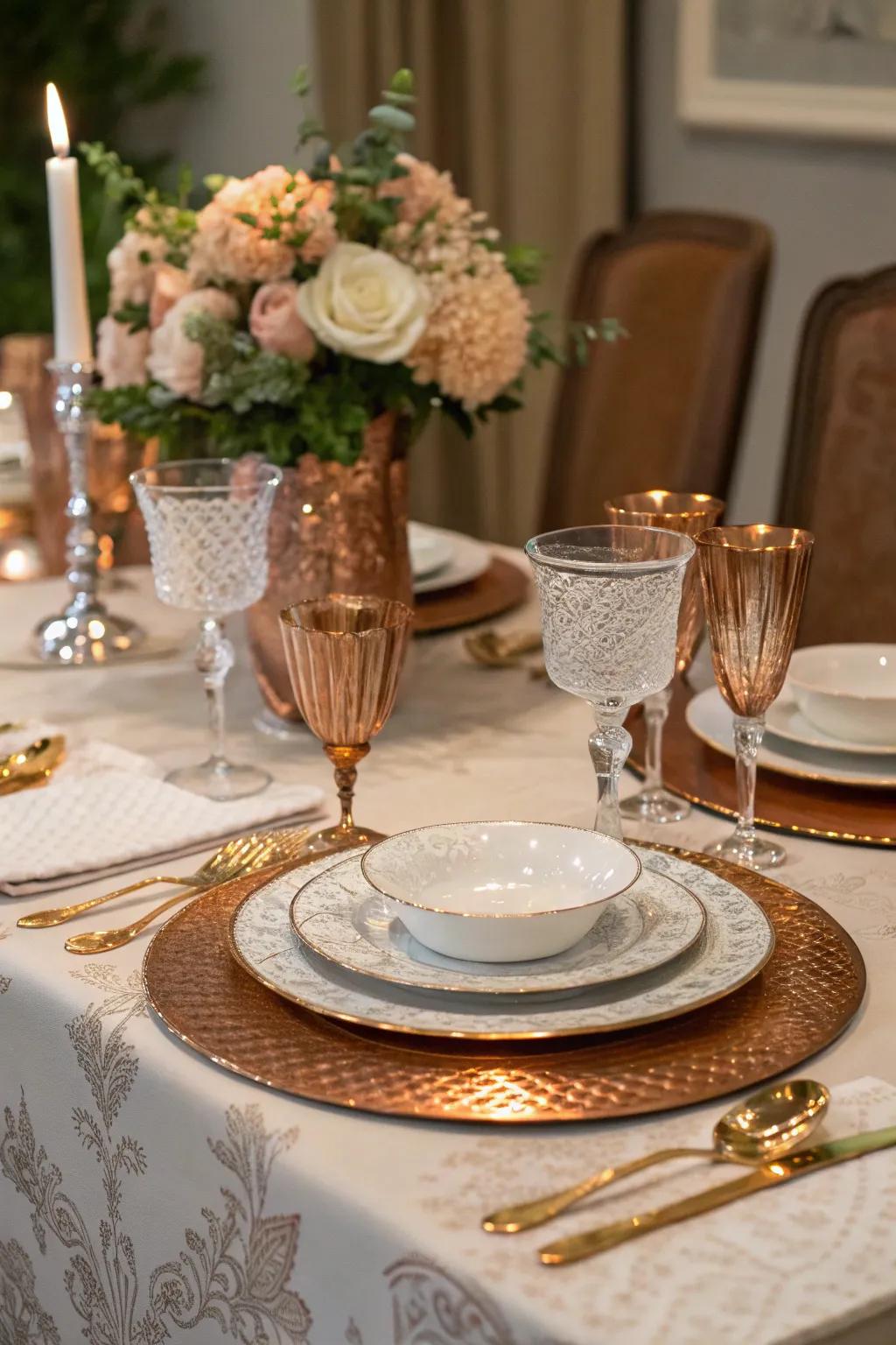 Copper accents add warmth and shine to this delightful French table setting.