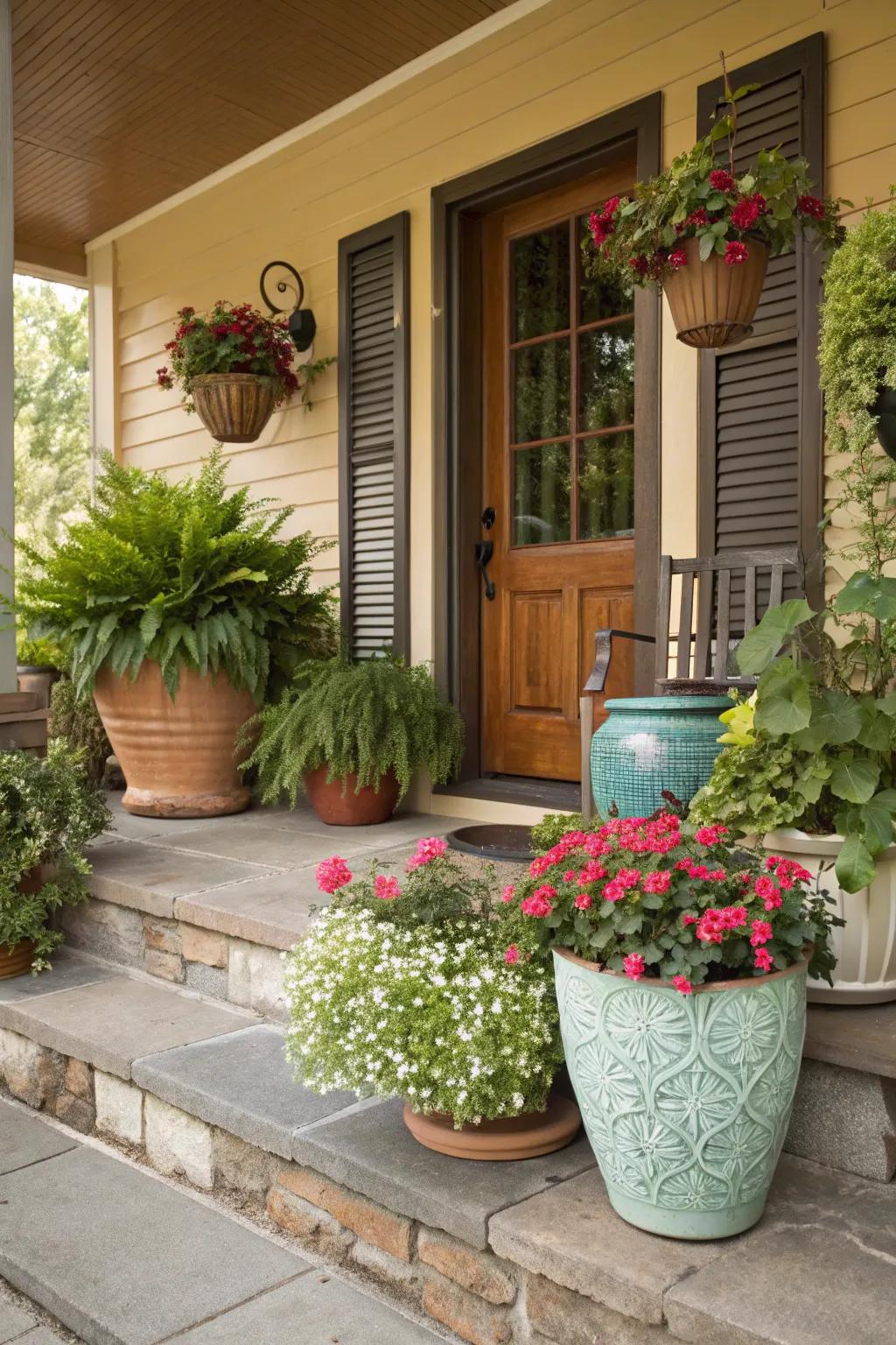 An eclectic mix of plants and pots for a playful porch.