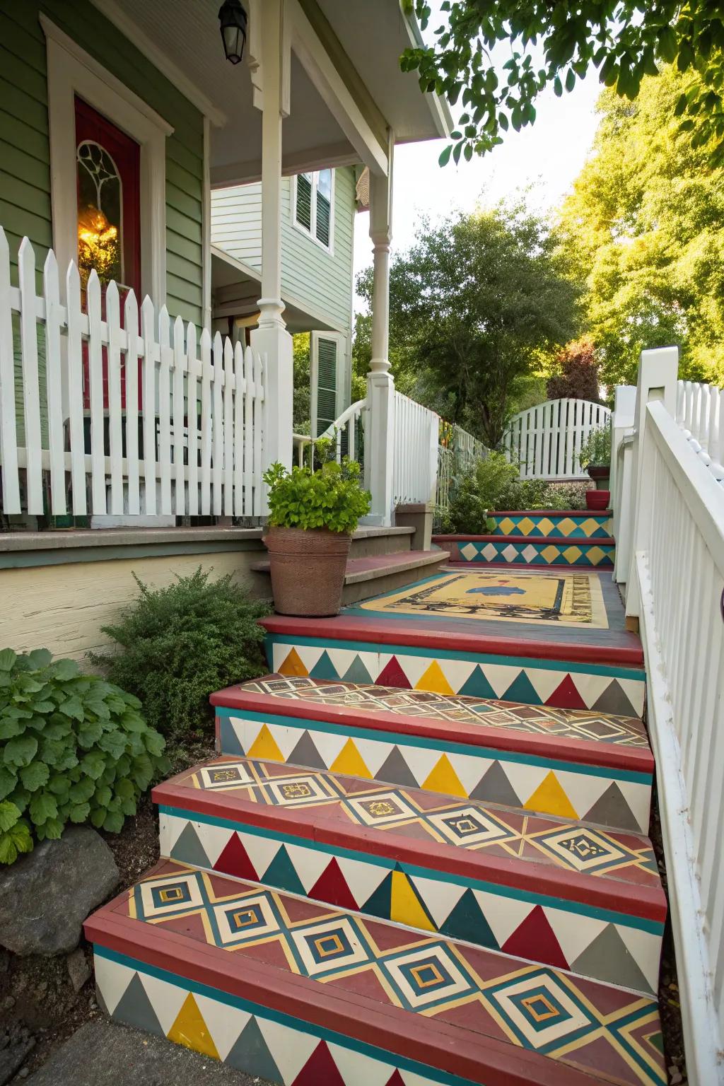 Geometric patterns add a modern twist to porch steps.