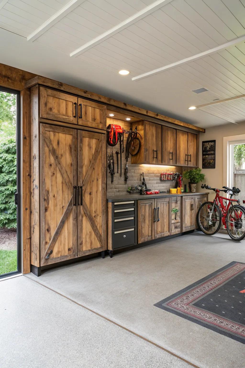 Rustic cabinets bring charm and warmth to the garage.