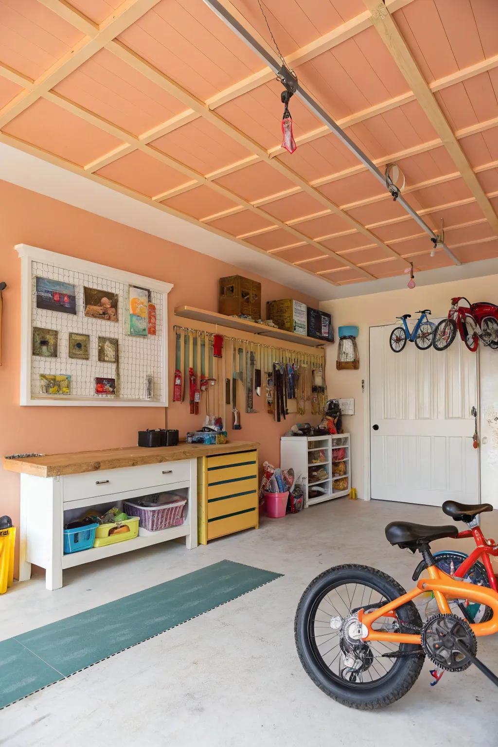 A cheerful peach ceiling adds warmth and charm.