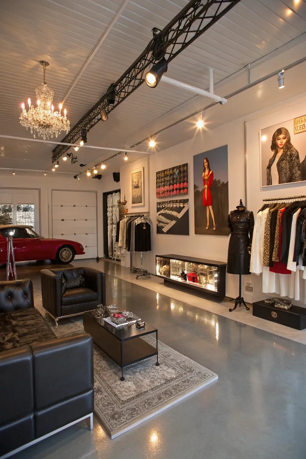 A chic boutique attracting customers in a converted garage.