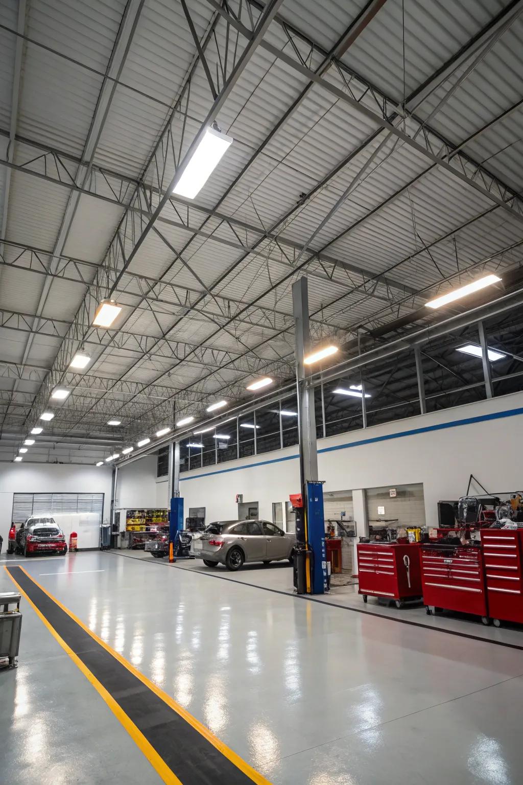 High bay lights are perfect for garages with high ceilings, offering wide light distribution.