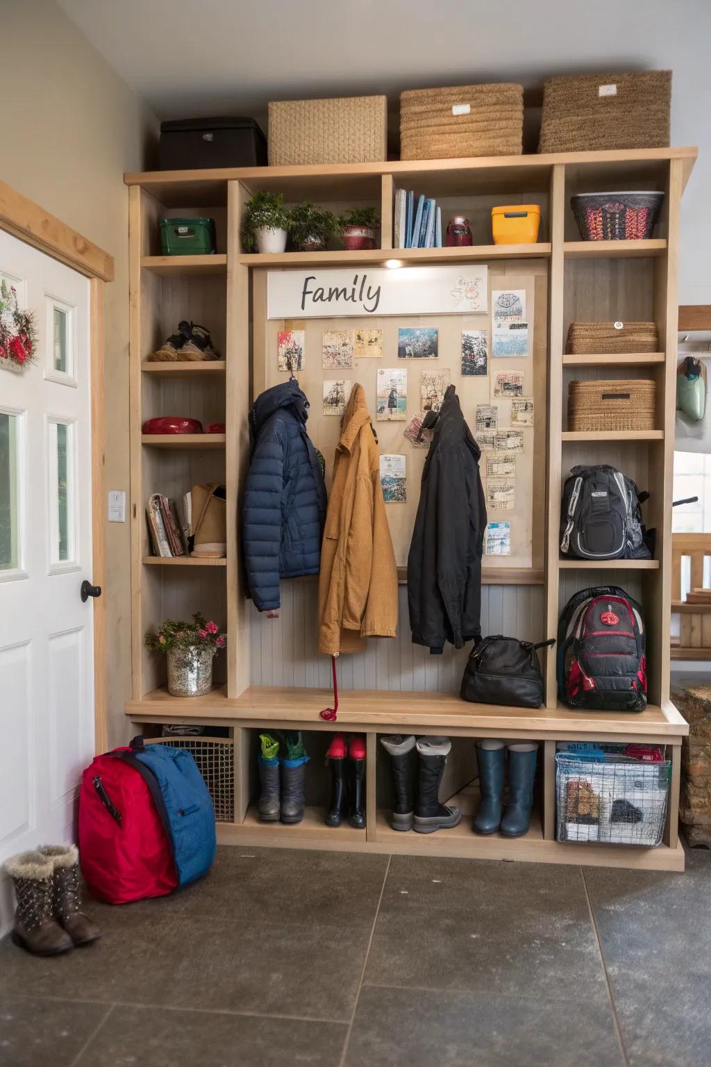 A family message board helps keep everyone organized in a garage mudroom.