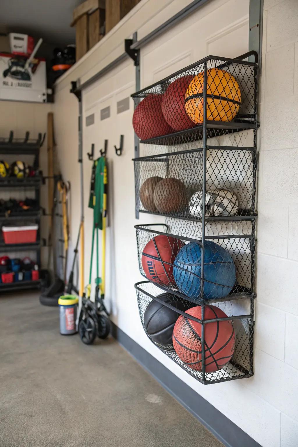 Mesh baskets prevent balls from rolling around and keep them organized.