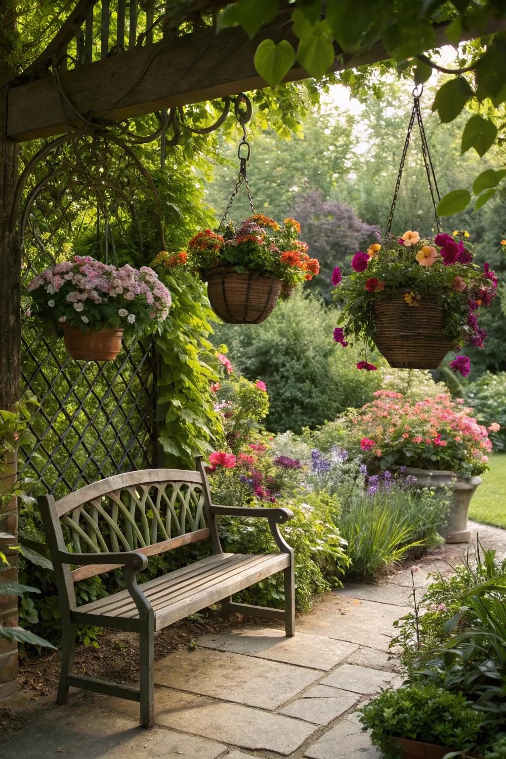 Hanging planters add vertical interest to your garden bench.