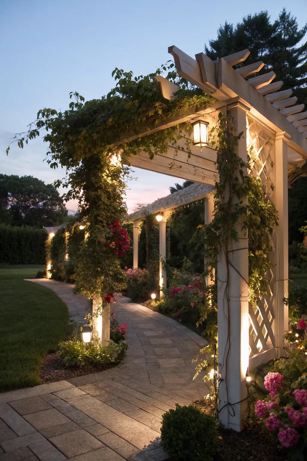 Architectural lighting enhances garden structures.