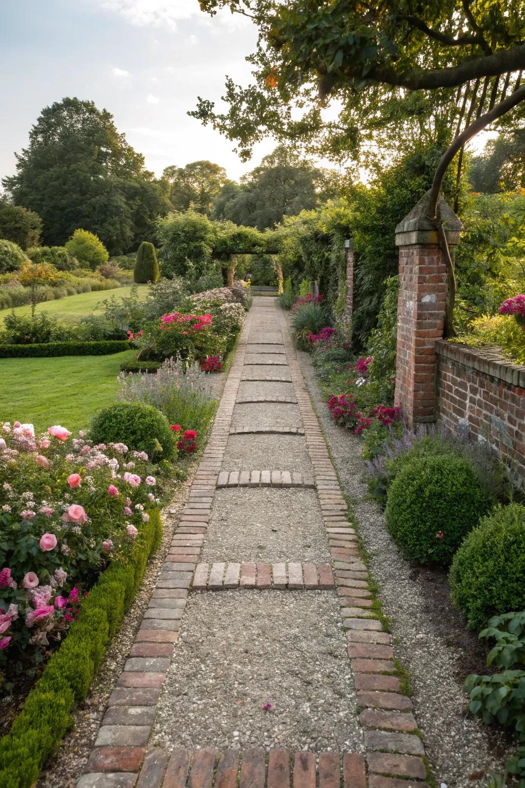 Elegant framed gravel path with bricks.