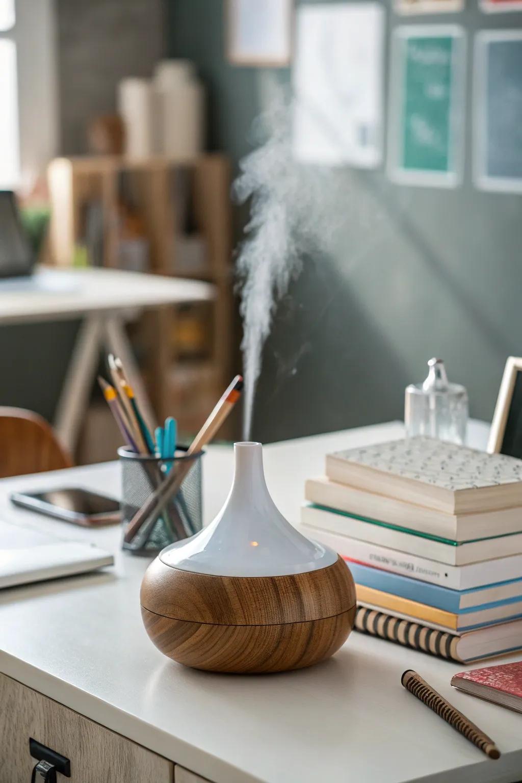 An essential oil diffuser providing a serene and fragrant ambiance.