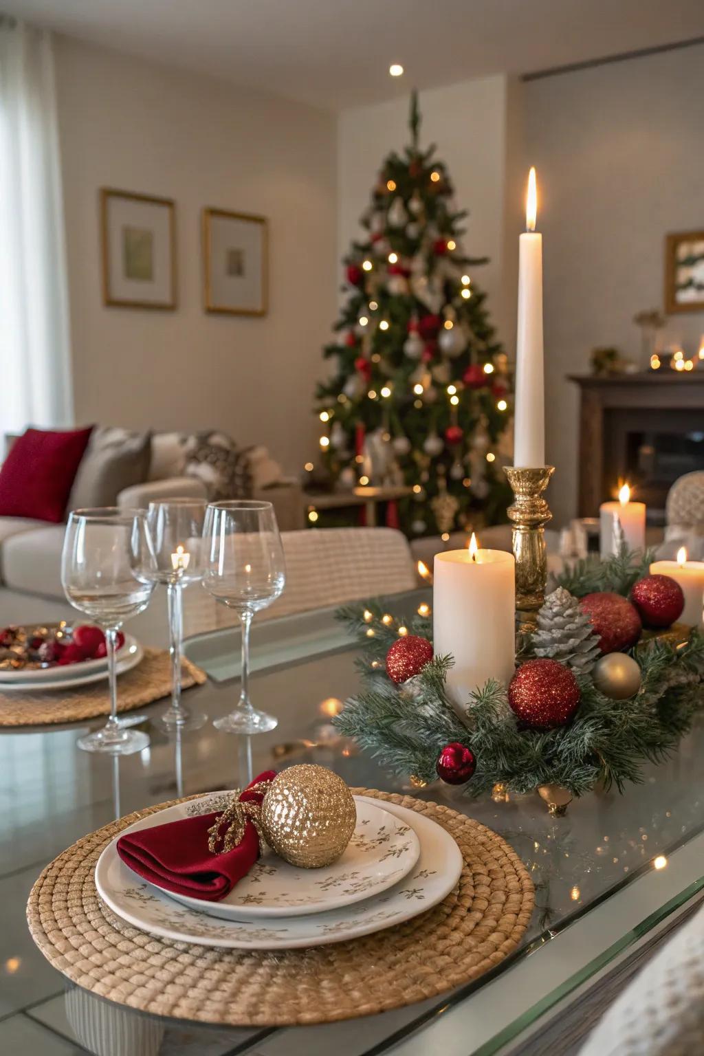 Themed pieces creating a festive atmosphere on a glass dining table.