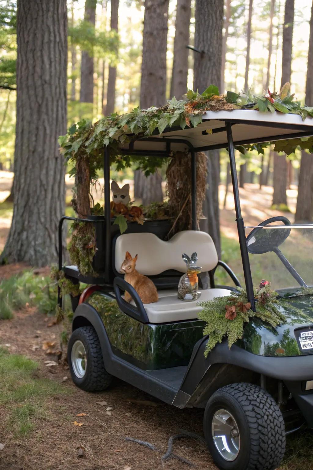 Step into an enchanted forest with this whimsical golf cart design.