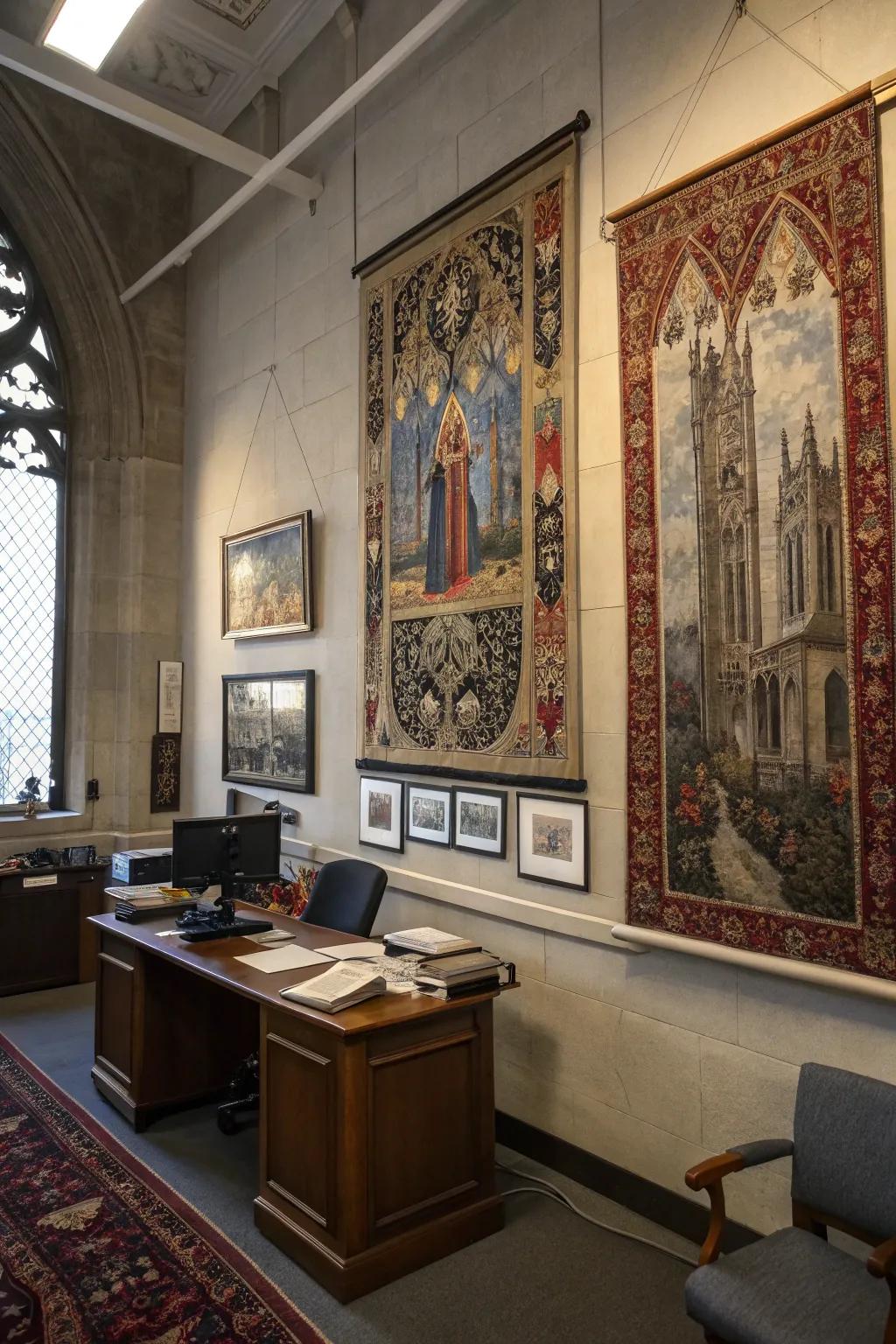 Tapestries add texture and a medieval touch to a Gothic office.