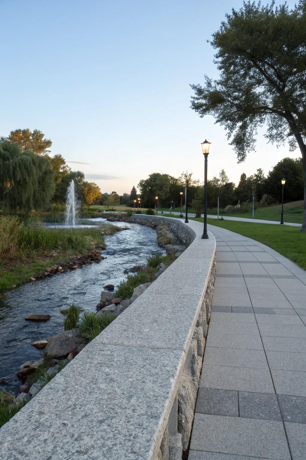 Granite walkway with a soothing water feature.