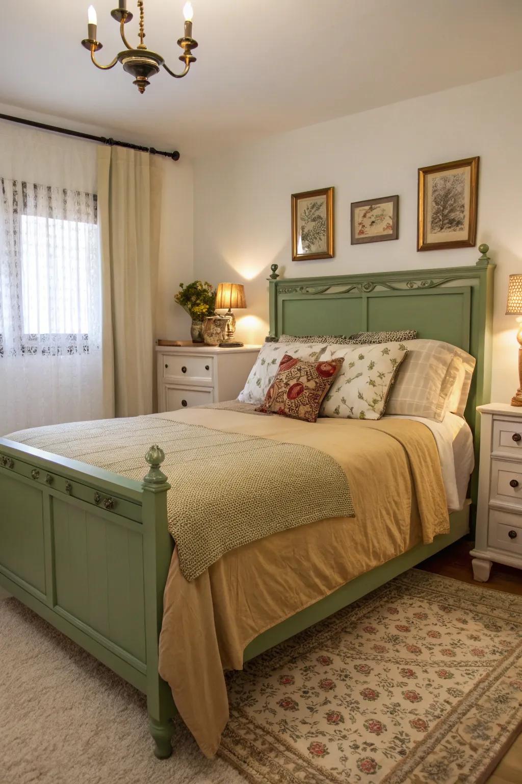 A green bed frame makes a bold statement, complemented by tan accents.