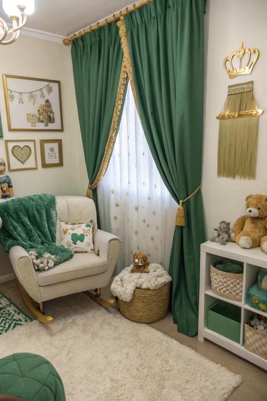 An elegant nursery featuring a luxurious green and gold palette.