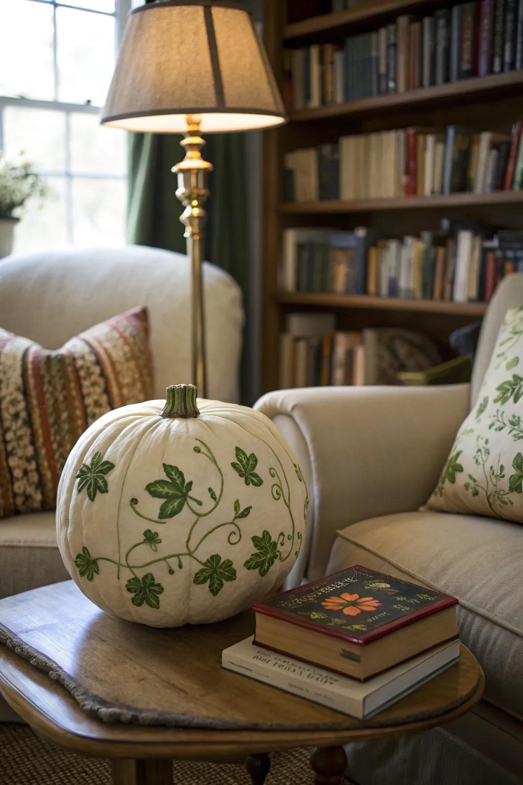 Gentle floral motif pumpkin enhancing the reading nook's coziness.